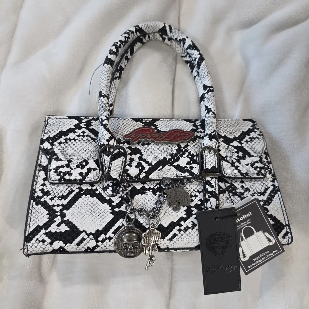 Ed Hardy White Black Faux Leather Snake Print Satchel Charm Chain Strap Rare Fla